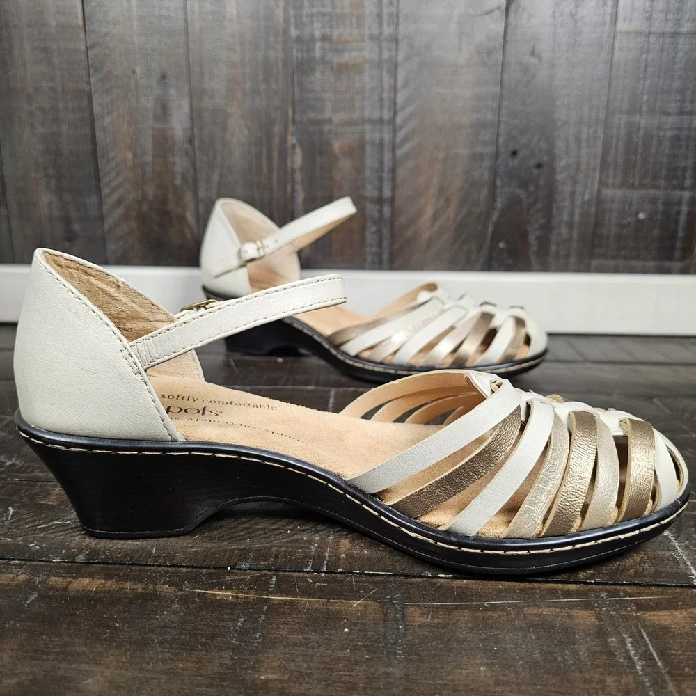 Softspots Womens 6.5 Tatianna Leather‎ Sandal Beige Gold Summer Shoes